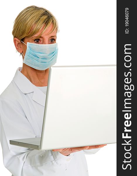 Female doctor with mask and laptop in white background