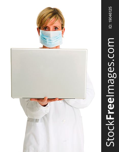 Female doctor with mask and laptop isolated on white background