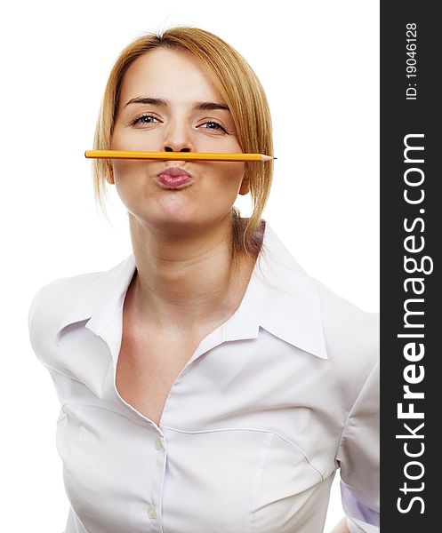 Business woman holding a pancil by lips