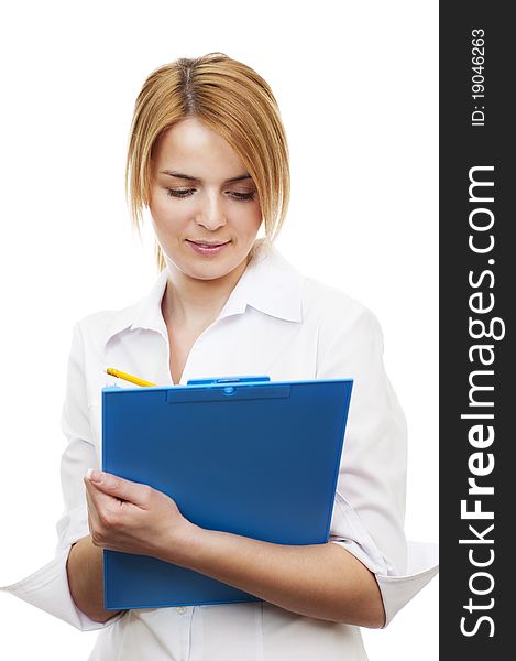 Young pretty woman standing and holding blue tablet with pencil. Young pretty woman standing and holding blue tablet with pencil