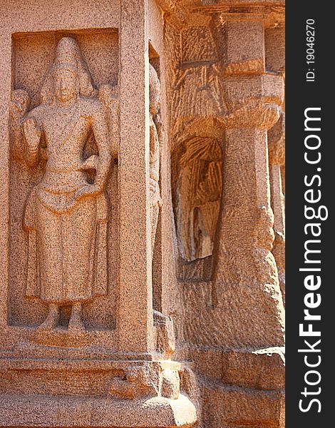 Sculptured female door keepers on stone Chariots at 'Five Rathas' Monolithic Rock Temple (Shore Temple), South Indian state Tamil Nadu. Sculptured female door keepers on stone Chariots at 'Five Rathas' Monolithic Rock Temple (Shore Temple), South Indian state Tamil Nadu.