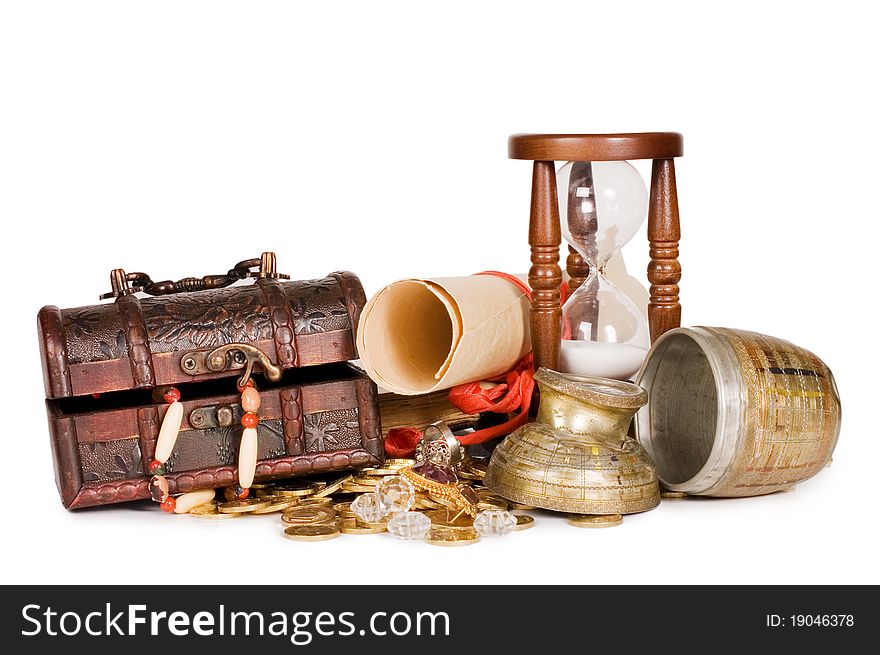 Hourglasses and coin isolated on white background