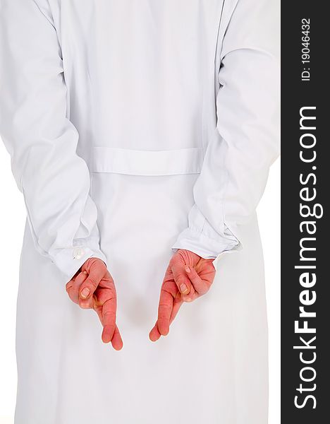 Superstitious doctor in white background