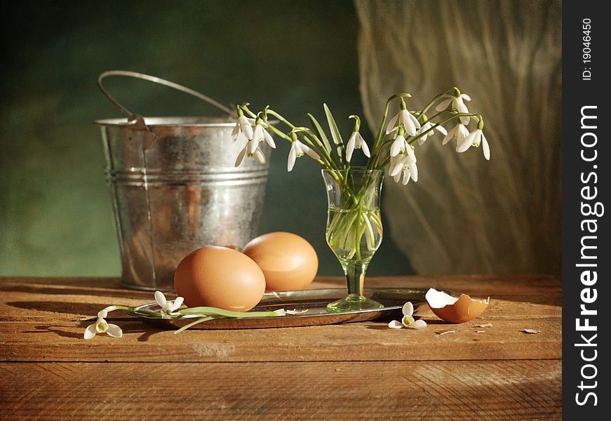Still life with snowdrops and eggs