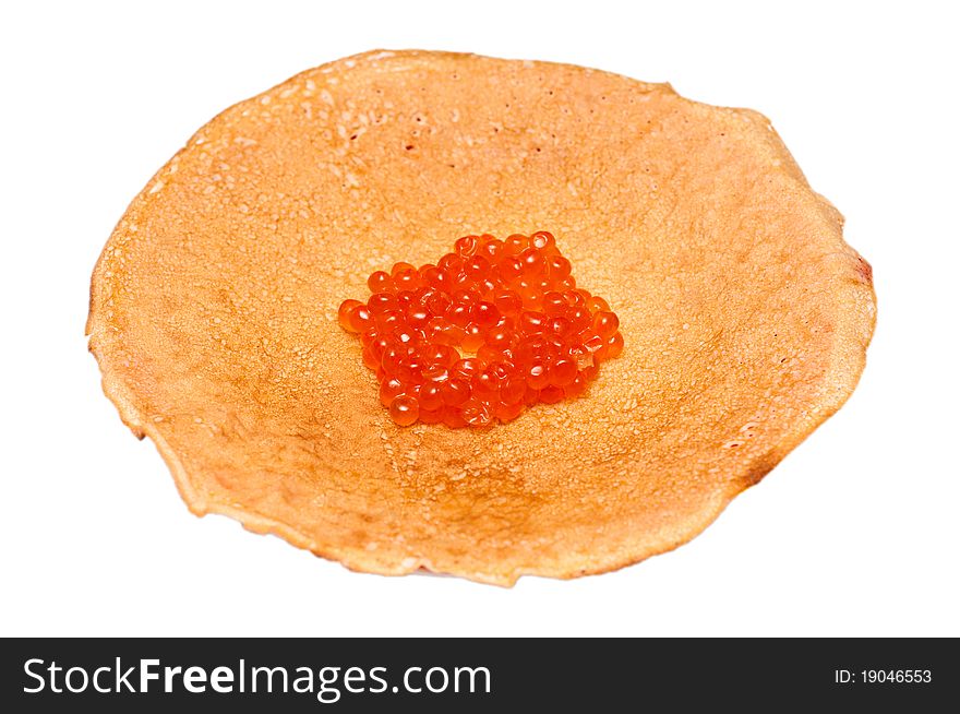 Pancakes with caviar against white background