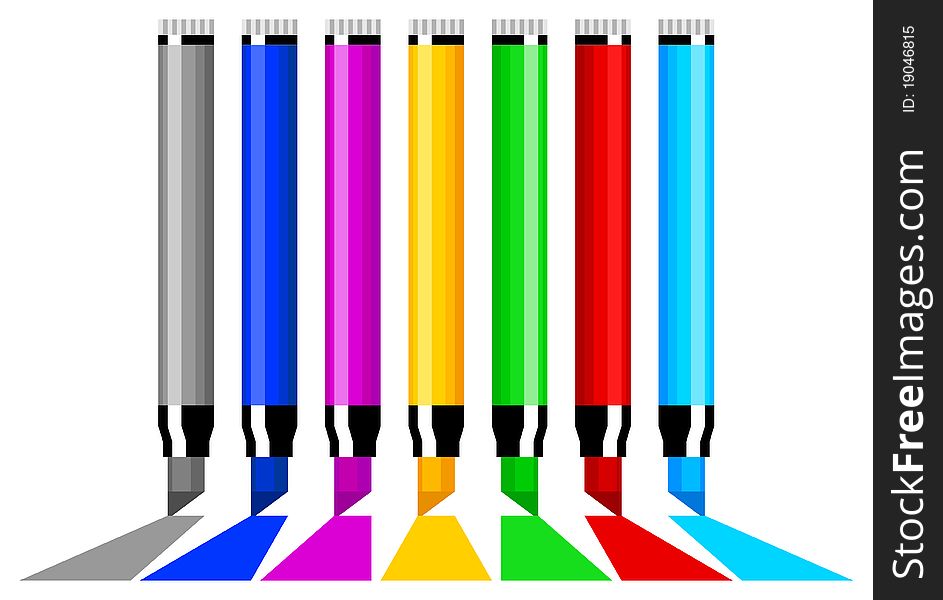 Vector markers of red, blue, pink, yellow, green and gray colors. Vector markers of red, blue, pink, yellow, green and gray colors