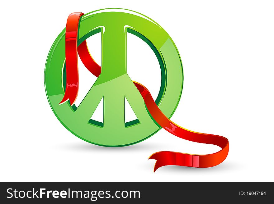 Illustration of ribbon around peace sign on white background. Illustration of ribbon around peace sign on white background