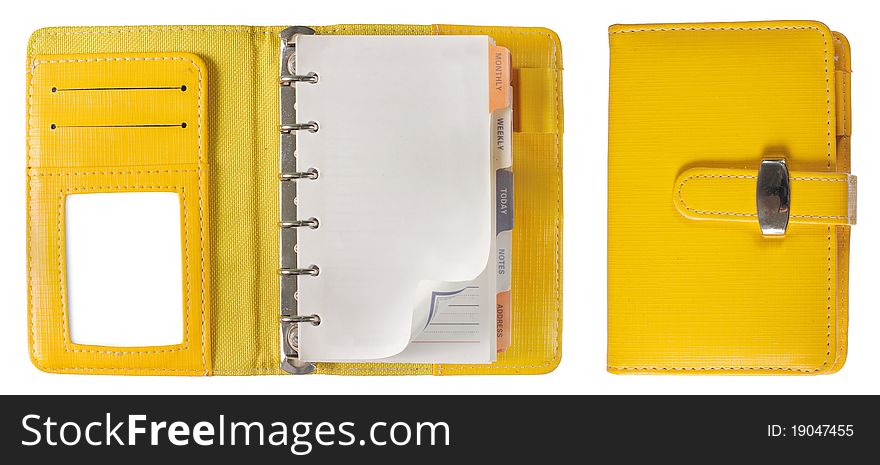 Yellow binder paper spiral notebooks cover and inside page isolated on white. Yellow binder paper spiral notebooks cover and inside page isolated on white