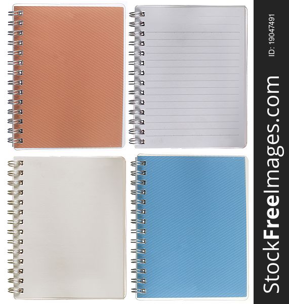 Collection of cover and inside page of notebook brown and blue, with and without cover isolated over white background. Collection of cover and inside page of notebook brown and blue, with and without cover isolated over white background