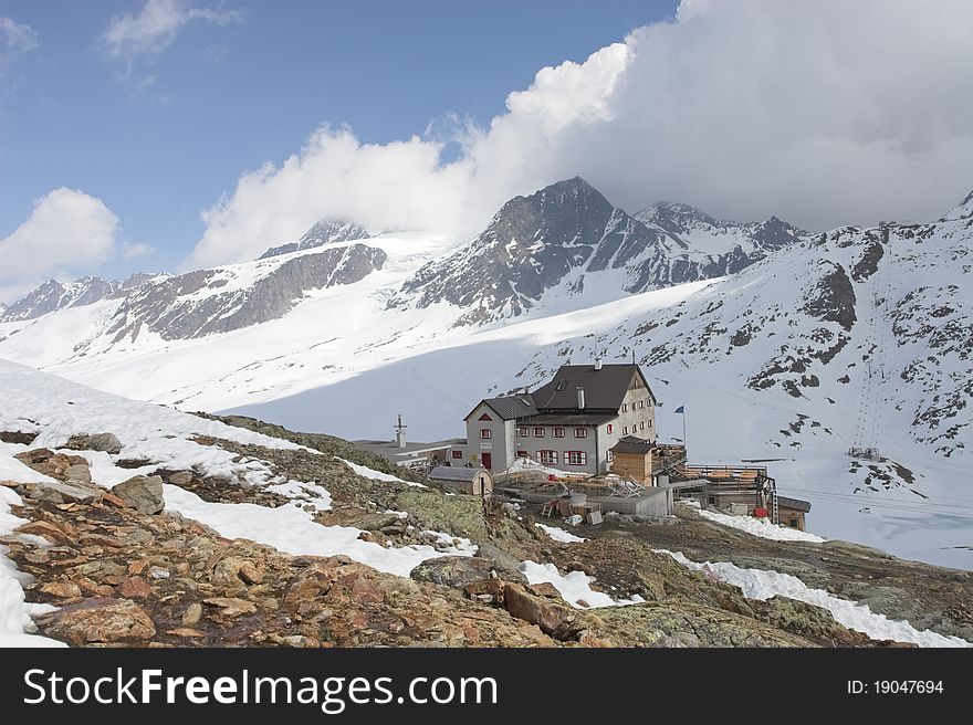 Alpine mountain hut in the winter