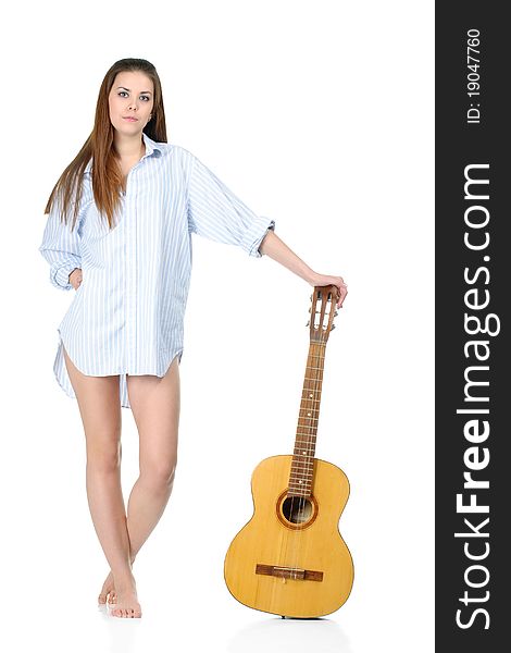 Young woman wearing shirt with guitar