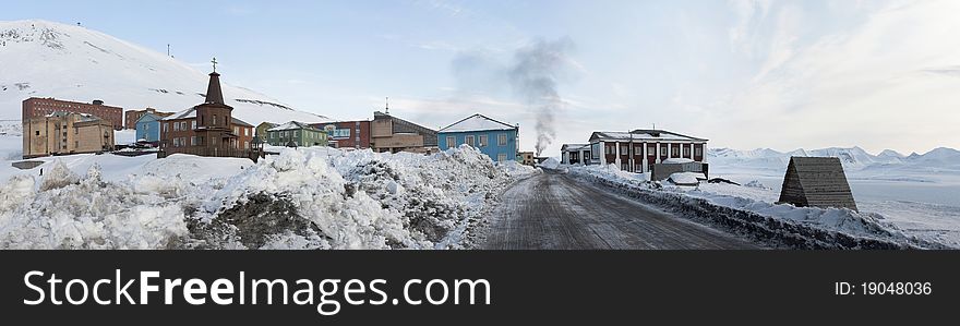 Barentsburg - Russian Arctic city in the winter, PANORAMA. Barentsburg - Russian Arctic city in the winter, PANORAMA