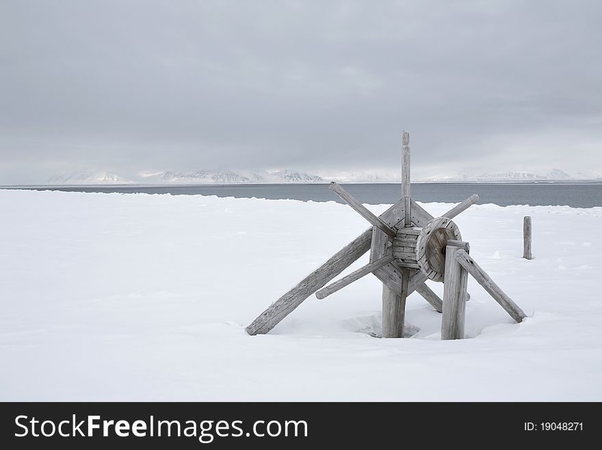 Svalbard - very old wooden equipment on the shore of Calypsobyen (heritage)