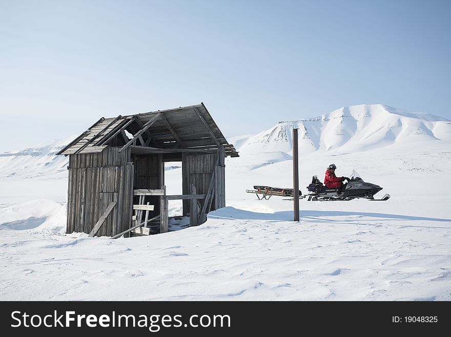 Old Wooden Building, Snowmobile, Spitsbergen