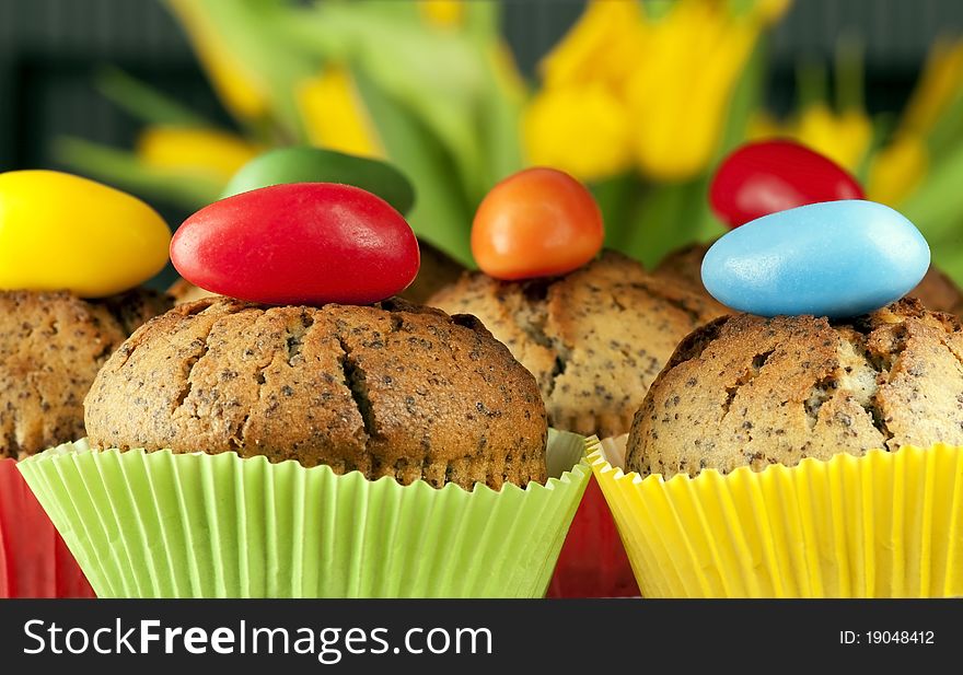 Easter  muffins topped with sugar egg. Easter  muffins topped with sugar egg