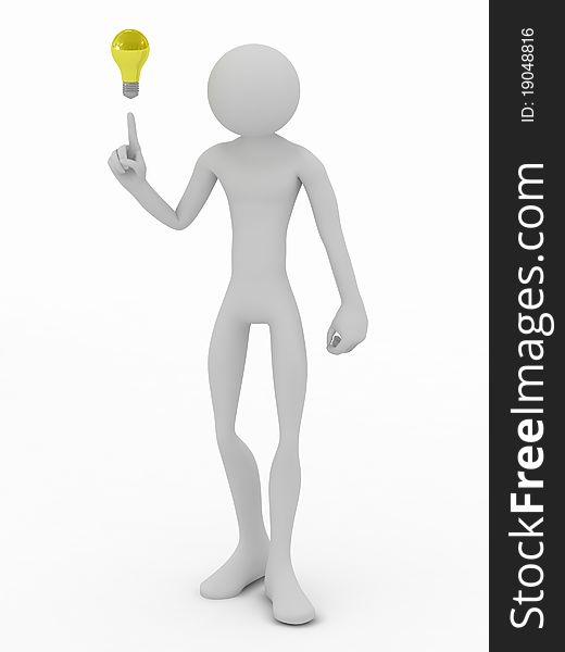Idea illustration with white isolated puppet. Idea concept with lightbulb. Idea illustration with white isolated puppet. Idea concept with lightbulb.