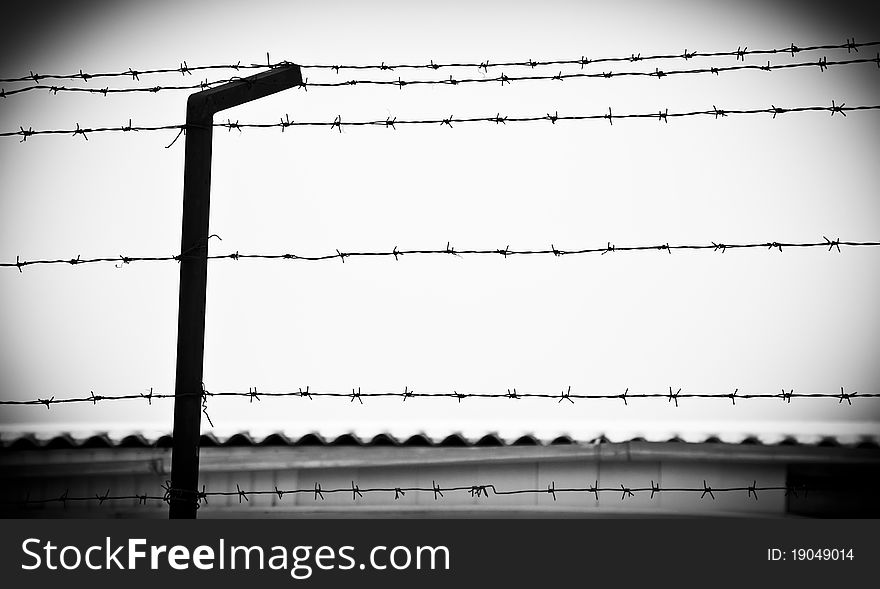 Prison, barbed wire, black and white