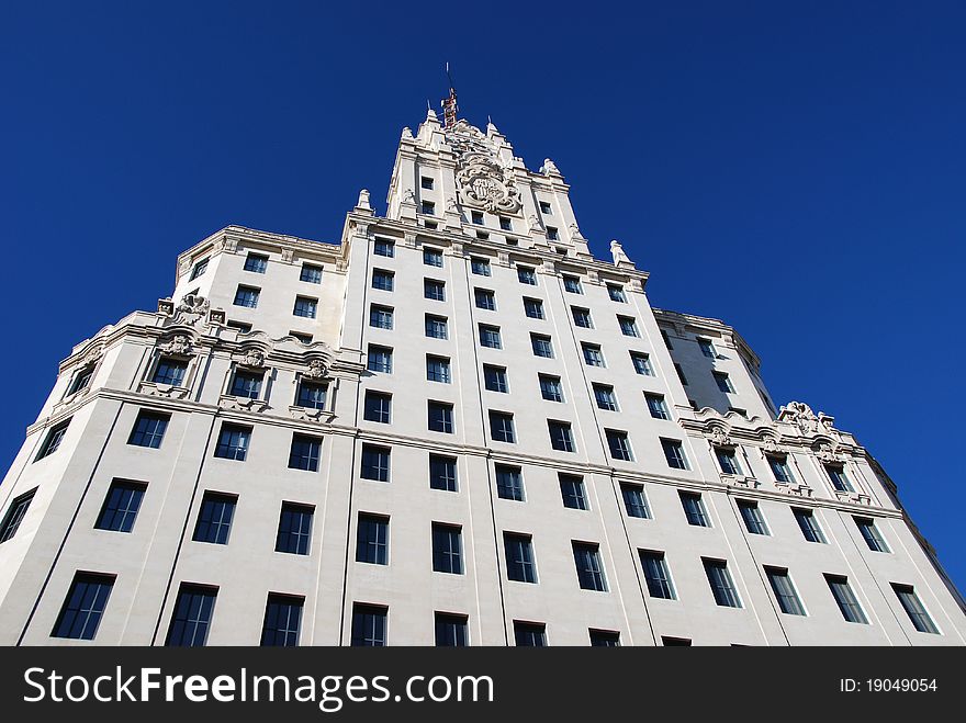 Perspective view of Telefonica building over a blue sky, Madrid, Spain