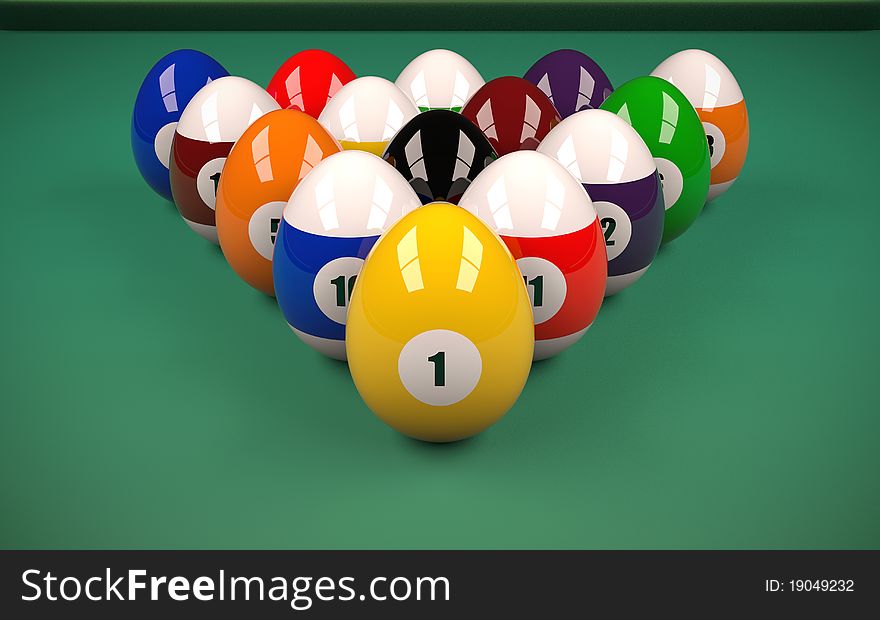 A green pool table with eggs that are painted and arranged like billiard balls. A green pool table with eggs that are painted and arranged like billiard balls.