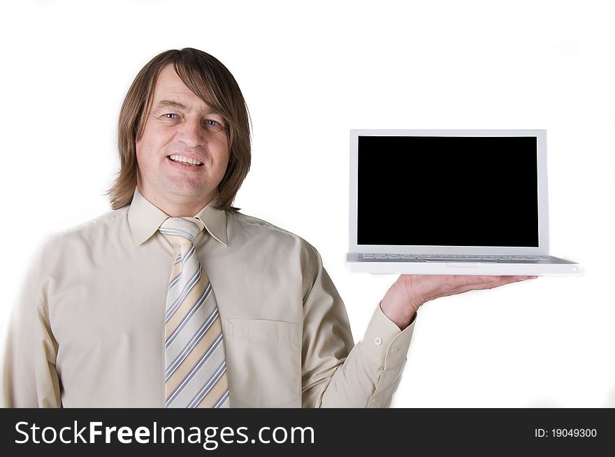 Man holding a laptop on hand, isolated in white. Man holding a laptop on hand, isolated in white