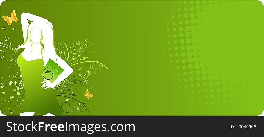 Green banner with woman silhouette and floral elements