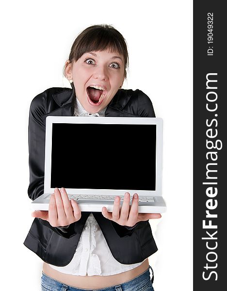 Girl yells at a laptop. Girl yells at a laptop