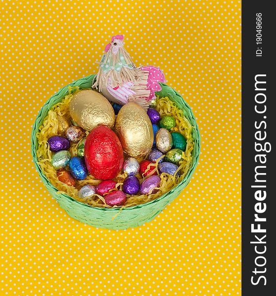 Colorful Easter chocolate eggs in a green basket isolated on a yellow background