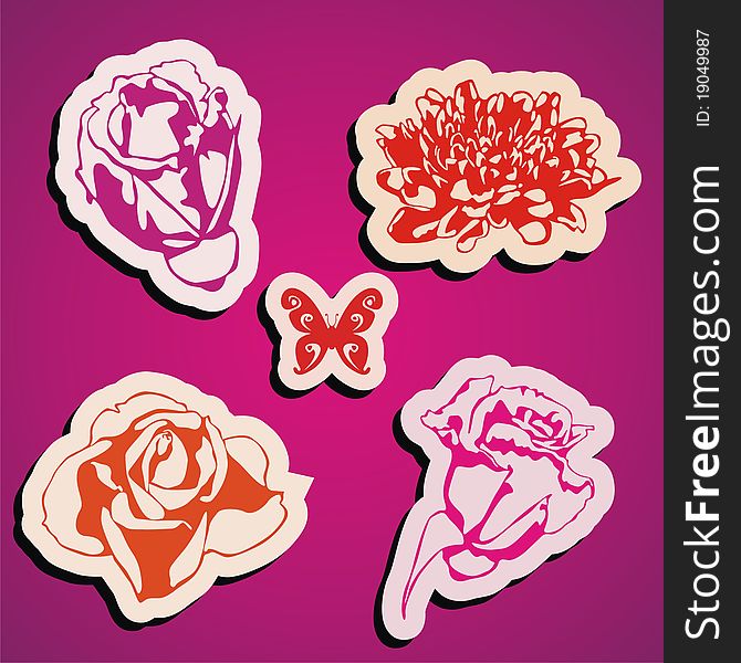 Vector flowers stickers on pink background. Vector illustration. Vector flowers stickers on pink background. Vector illustration