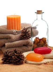 Soaps, Towels And Pine Cones Stock Photo Soaps, Towels And Pine Cones Stock Photo