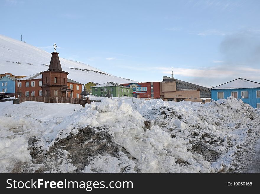 Barentsburg - Russian Arctic city in the winter. Barentsburg - Russian Arctic city in the winter