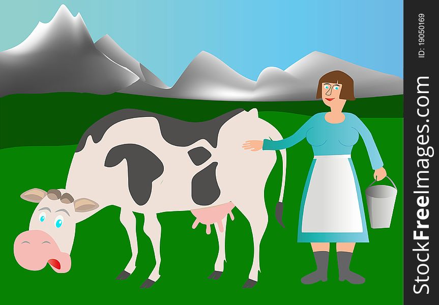 Adult cow and milkmaid