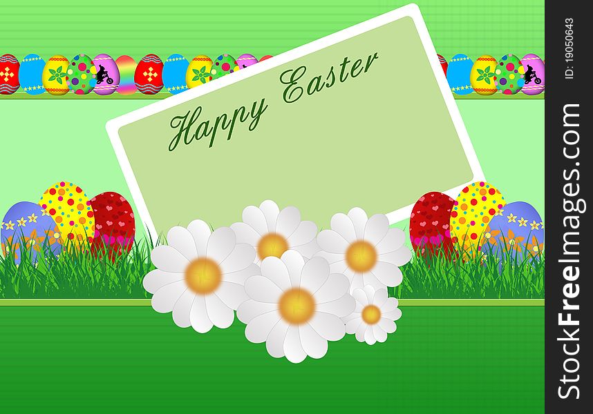Easter greeting card with easter eggs and daisies,  illustration