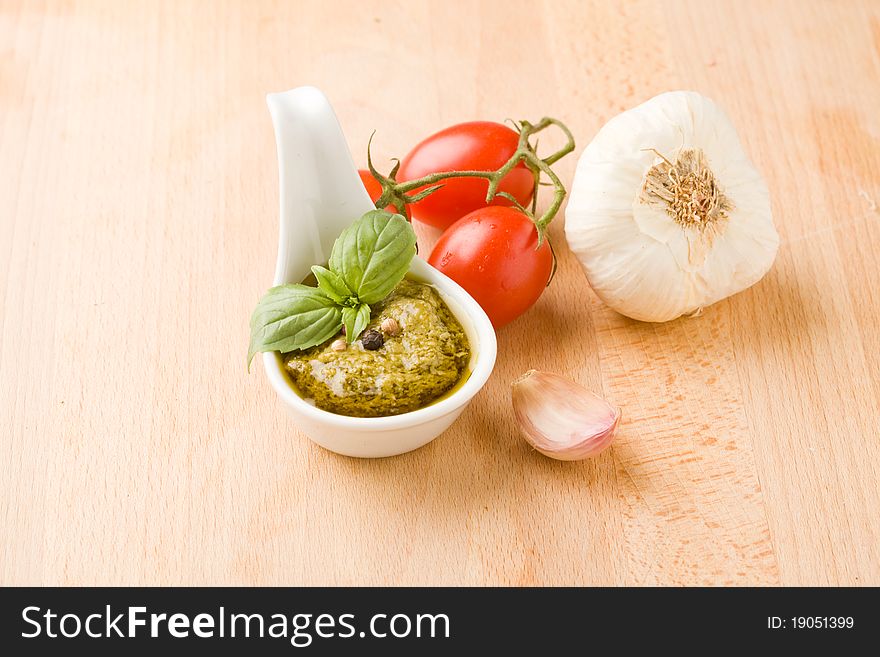 Photo of different ingredients for preparing pesto sauce. Photo of different ingredients for preparing pesto sauce