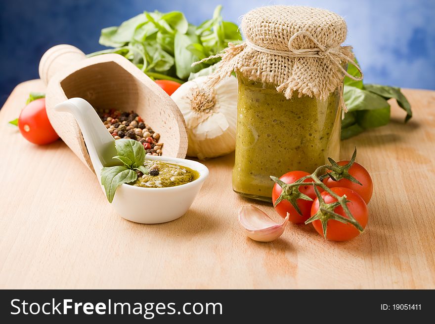 Photo of different ingredients for preparing pesto sauce. Photo of different ingredients for preparing pesto sauce