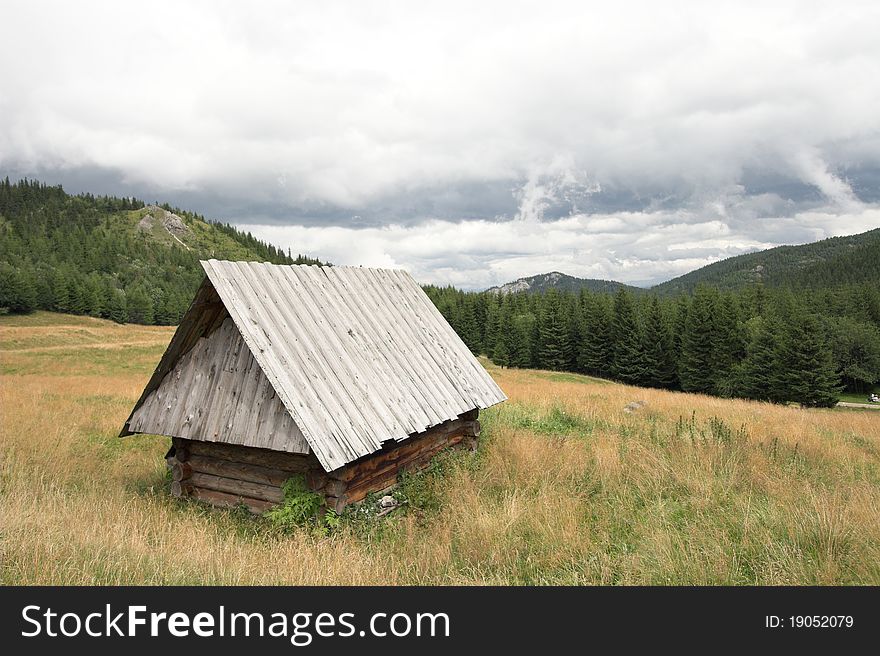 Small mountain wooden hut on the mountain meadow