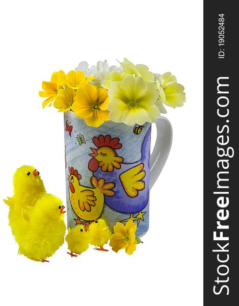 Isolated over white mug with flowers and easter chickens