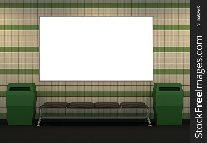 Metro station with green and white tile wall and copy space -3d illustration