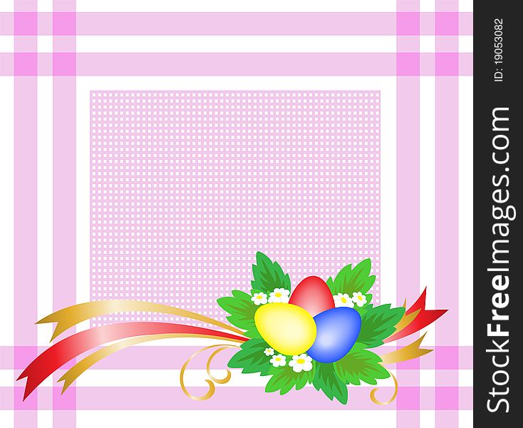 Easter eggs with a bouquet of pink on a checkered tablecloth. Easter eggs with a bouquet of pink on a checkered tablecloth