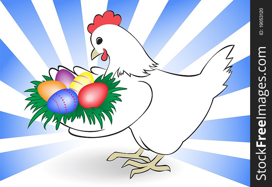 White chicken keeps a nest with colored eggs. White chicken keeps a nest with colored eggs