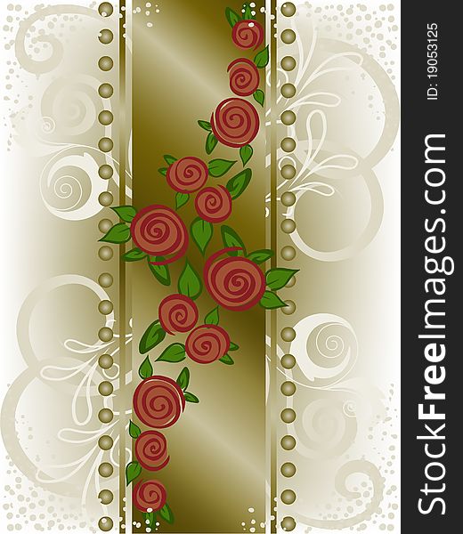 Red roses on a vertical strip with curls and beads. Red roses on a vertical strip with curls and beads