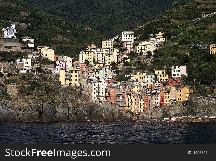 View of the village of Riomaggiore in the Cinque Terre region of Italy