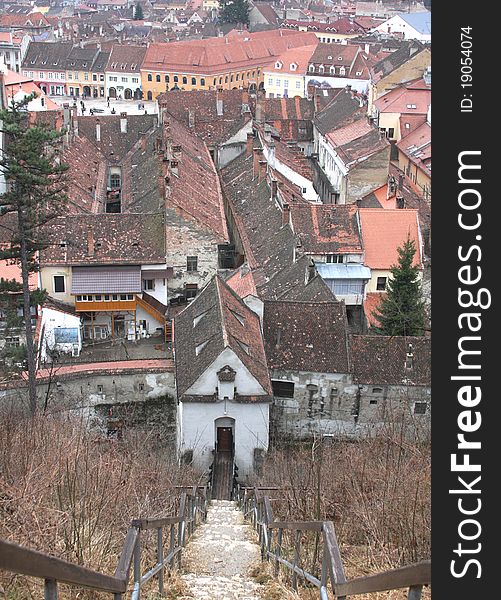 A view from the top of the stairs leading to the White Tower in Brasov, Romania. A view from the top of the stairs leading to the White Tower in Brasov, Romania