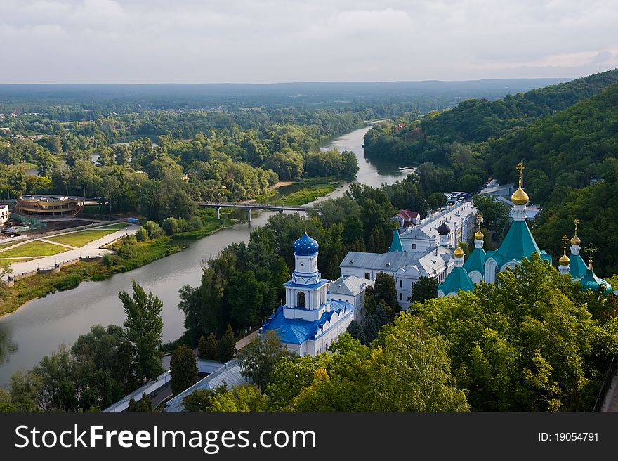 Beautiful top view of Traditional Orthodox Church on the riverside, magnificent panorama. Beautiful top view of Traditional Orthodox Church on the riverside, magnificent panorama