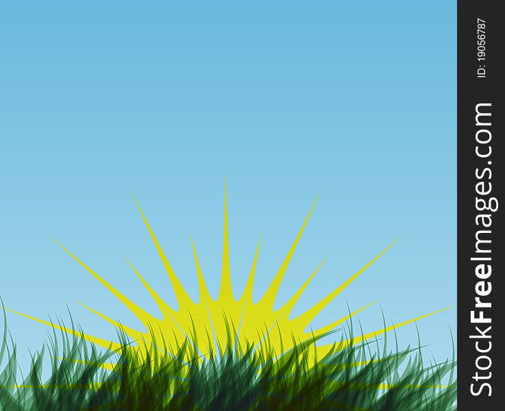 Green grass, sky and sunrise, illustration.