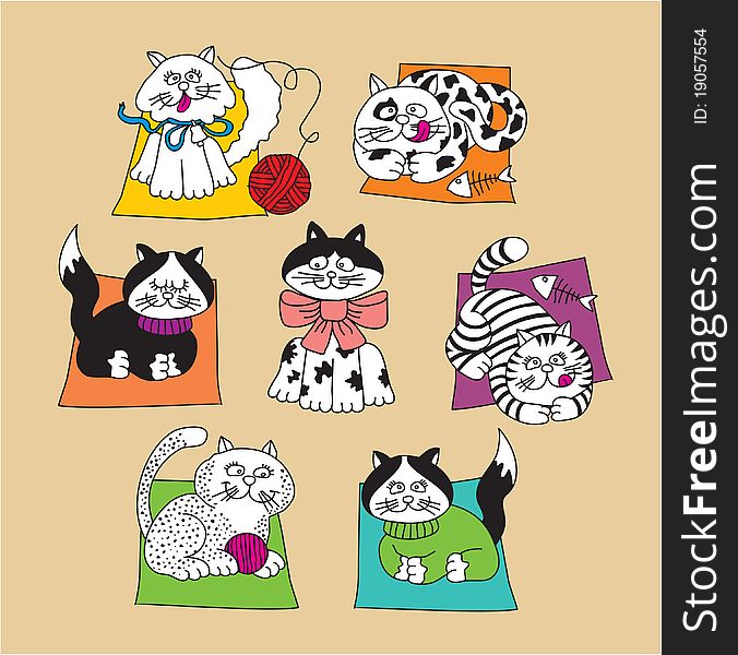 Set of seven funny cats. Set of seven funny cats