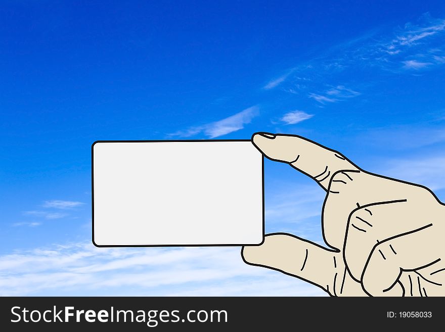 Business card in hand on sky background