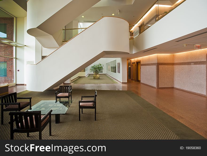 Lobby entrance in multi levels to a modern office building