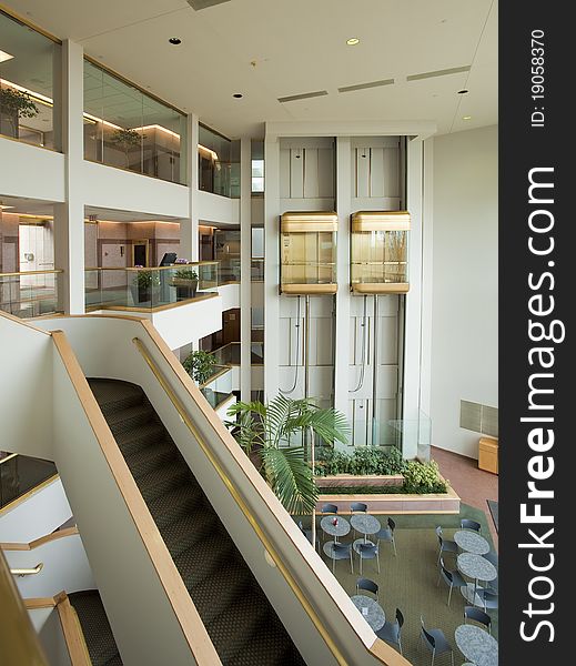 Lobby entrance in multi levels to a modern office building