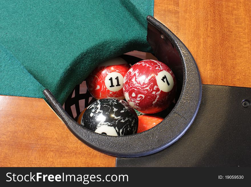 A pool table basket full of pool balls. A pool table basket full of pool balls