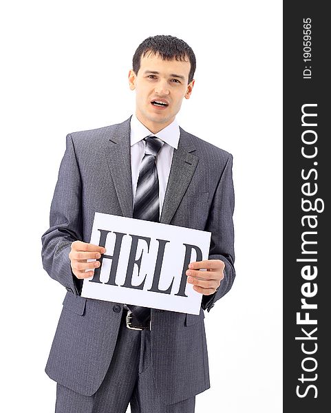 Unemployed businessman with blank cardboard sign , isolated on white background. Unemployed businessman with blank cardboard sign , isolated on white background